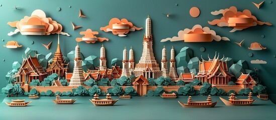 This intricate paper craft of Bangkok cityscape beautifully depicts the city's famous landmarks, from historic temples to modern skyscrapers, making it a best-selling illustration. Illustration,