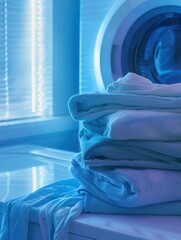 Poster - A stack of neatly folded clean laundry sits on a washing machine in a laundry room illuminated by a blue light. Generative AI