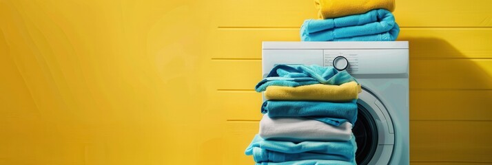 Poster - A stack of neatly folded laundry sits beside a white washing machine, resting against a yellow wall. Generative AI