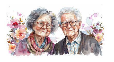 Wall Mural - Elderly couple smiling against a floral background. Both wear glasses and have grey hair, symbolizing love and joy