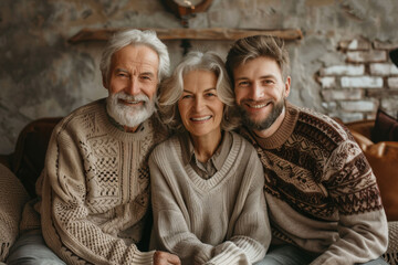 Wall Mural - Warm Family Portrait of Grandparents and Adult Son in Cozy Knitwear, Smiling Together in a Rustic Setting