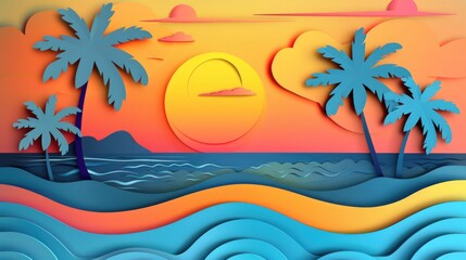 3d paper art of sun and palm trees, ocean waves and clouds