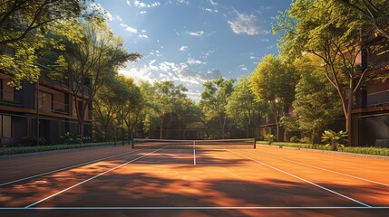 A tennis court with trees on either side and a building in the background.
