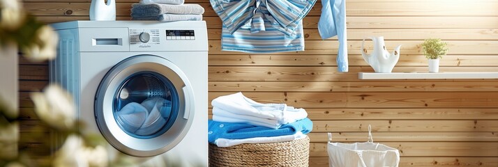 Poster - A white washing machine with a blue and clear glass door is shown with the door open, with neatly folded clean laundry in a woven basket next to it. Generative AI