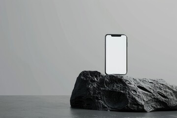 Wall Mural - Mock-up of smartphone white screen with stone rock style, phone mockup 3d render design