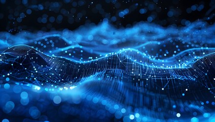 Aufkleber - Abstract blue digital background with glowing dots and network lines, technology concept for web design or data science. Low poly wireframe