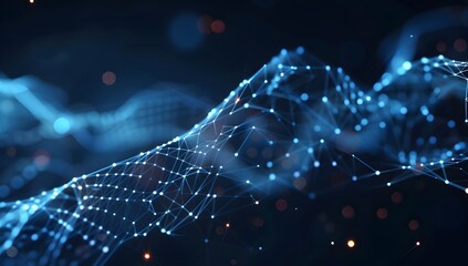 Poster - Abstract blue digital background with glowing dots and network lines, technology concept for web design or data science. Low poly wireframe