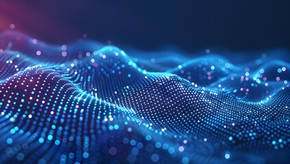 Poster - Abstract digital background with blue dots and lines forming the shape of an infinite wave, symbolizing technology and data visualization in cyberspace