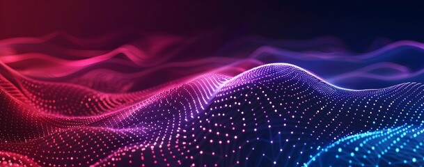 Poster - Abstract line art background with dots and lines forming geometric shapes in shades of pink, blue, purple, red, dark gray on a navy background