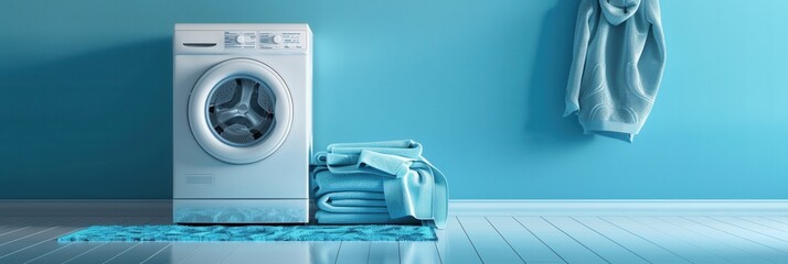 Poster - A white washing machine with a blue door sits in a room with light blue walls. Clean, folded laundry sits neatly next to the machine. Generative AI