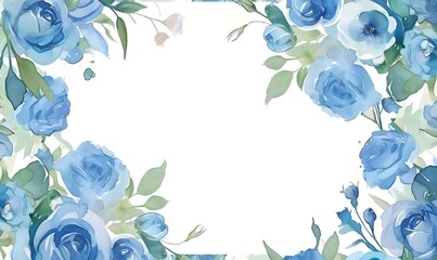 Wall Mural - watercolor frame blue roses and green leaves on white background, Generative AI