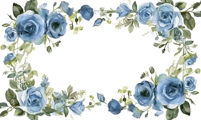 Wall Mural - watercolor frame blue roses and green leaves on white background, generative ai