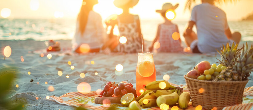 concept blurred group family are enjoying a summer picnic with fresh fruits at the beach