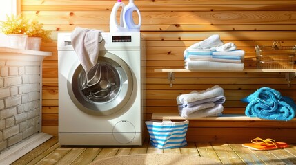 Poster - A washing machine in a laundry room with neatly folded clean laundry on shelves and a basket. Generative AI