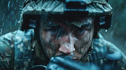 Close-up of a soldier in combat gear with a helmet during a rain shower, showcasing determination and bravery.