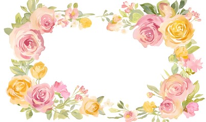 Poster - watercolor frame pink and yellow roses and green leaves on white background, Generative AI
