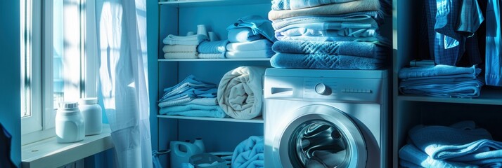 Aufkleber - A neatly organized laundry room with a washing machine and folded clean laundry on the shelves. Generative AI