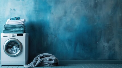 Poster - A white washing machine sits in a laundry room with a blue wall, a stack of neatly folded towels, and a gray towel laying on the floor. Generative AI