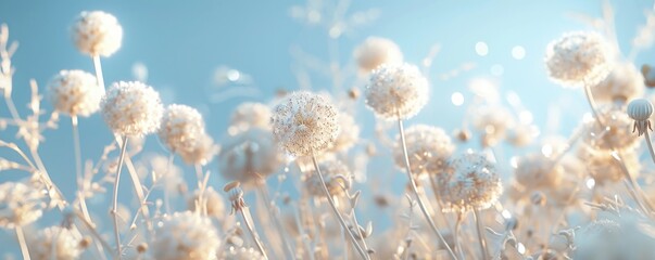 abstract dandelions on blue background, white and beige colors