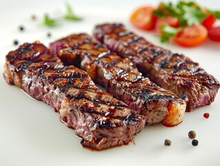 Wall Mural - Three juicy steak strips, perfectly grilled and seasoned with peppercorns