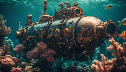 Steampunk submarine exploring a coral reef, surrounded by exotic sea creatures and vibrant coral, detailed, surreal, steampunk style