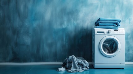 Aufkleber - A white washing machine in a room with blue walls. There is a stack of clean laundry on top of the machine. Generative AI