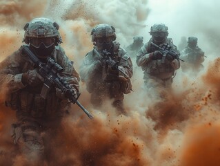 Wall Mural - Soldiers run through a dust cloud during combat