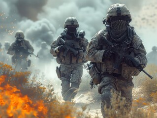 Soldiers in combat gear run through a smoke-filled battlefield