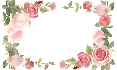 Wall Mural - watercolor frame roses and leaves on white background, Generative AI