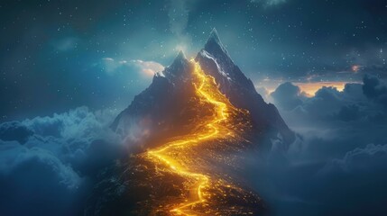 Wall Mural - glowing path to the top of the mountain, business success strategy, development and growth concept