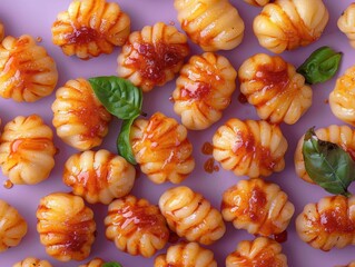 Wall Mural - Close-up of gnocchi with basil and sauce
