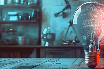 Concept idea. A lamp glowing with cold blue light against the background of a workshop and mechanisms. Production idea, technology improvement.