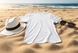 © Mr.Designer - Sand beach texture background. Mockup white summer t-shirt outfit copy space. Blank template woman shirt Top view. Summertime accessories denim, bag. Flat-lay closeup t-shirt on seashore. Beach time