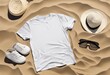 © Mr.Designer - Sand beach texture background. Mockup white summer t-shirt outfit copy space. Blank template woman shirt Top view. Summertime accessories denim, bag. Flat-lay closeup t-shirt on seashore. Beach time
