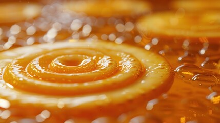 Wall Mural - A close-up image of an orange slice floating in golden syrup