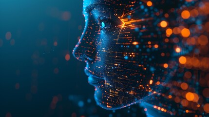 Fototapete - Abstract digital human face with glowing data lights on dark background. This AI-generated image is a conceptual representation of technology and artificial intelligence. Futuristic digital art. AI