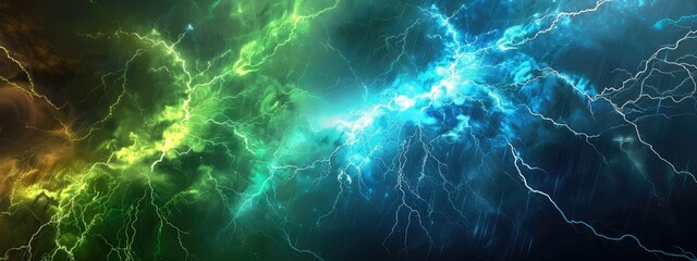 Wall Mural - green and blue battle lightning background