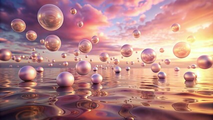 Wall Mural - Pink Sky And Pearl Spheres Floating On Water At Sunset. Generative AI