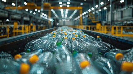 A conveyor belt of plastic bottles with yellow caps