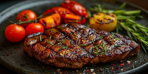 Wall Mural - steak with tomatoes and herbs on a black plate.