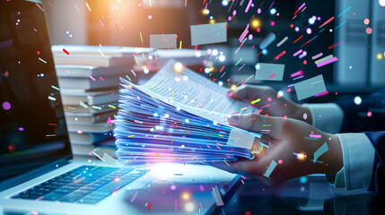 A dynamic office environment showing a person managing colorful paperwork and documents on a desk, as vibrant confetti surrounds them.