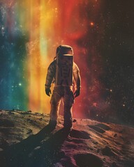astronaut looking at a rainbow on the surface of the moon, psychedelic, vibrant rainbow colors only,