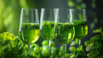 Wall Mural - **Energizing spinach and kale juice poured into elegant glasses, showcased against a minimalist, solid-colored background.