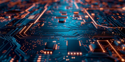 Wall Mural - A computer chip is shown in a close up. The chip is orange and blue and has many small squares on it