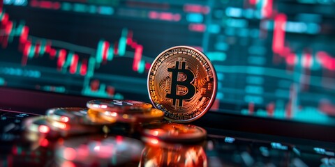 Poster - A coin with the letter B on it is on top of a pile of other coins. The coins are arranged in a way that they look like they are on a keyboard. The image has a sense of order and organization