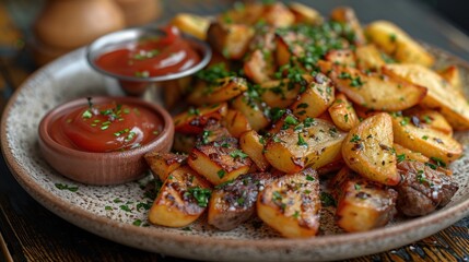 Wall Mural - A plate of roasted potatoes with fresh parsley and ketchup