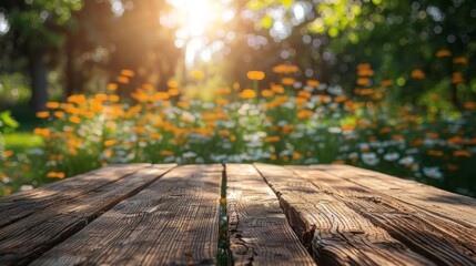 Wall Mural - Photo of a wooden table with a blurred background in the garden at sunset, space with product display and bokeh effect, summer concept