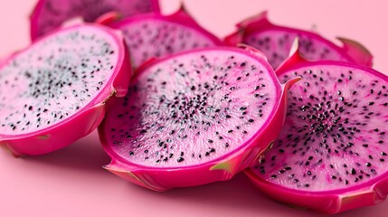 Wall Mural - **Exotic dragon fruit slices sprinkle isolated on a solid pink background