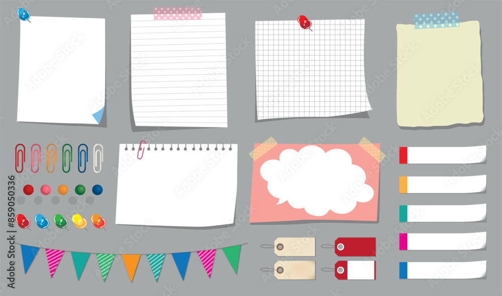 Paper notes, stickers, sticky sheets and tape. Vector set notepaper ...