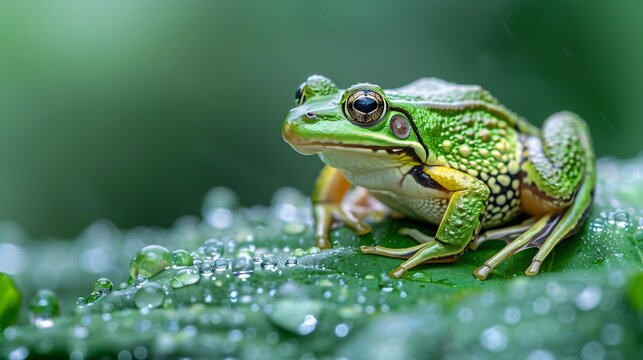 Common European Green Frog on Dewy Leaf